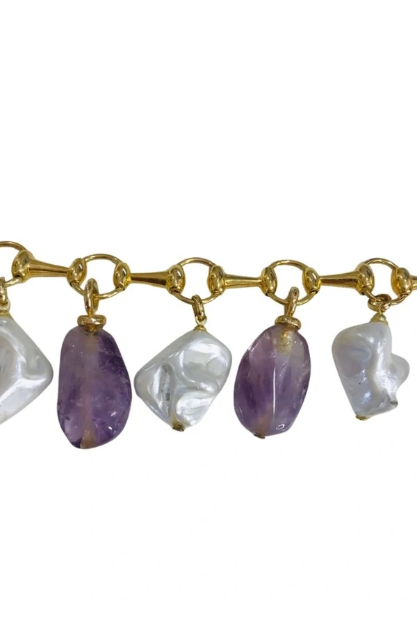 Pulseira Ametista e Pérolas em Banho Ouro