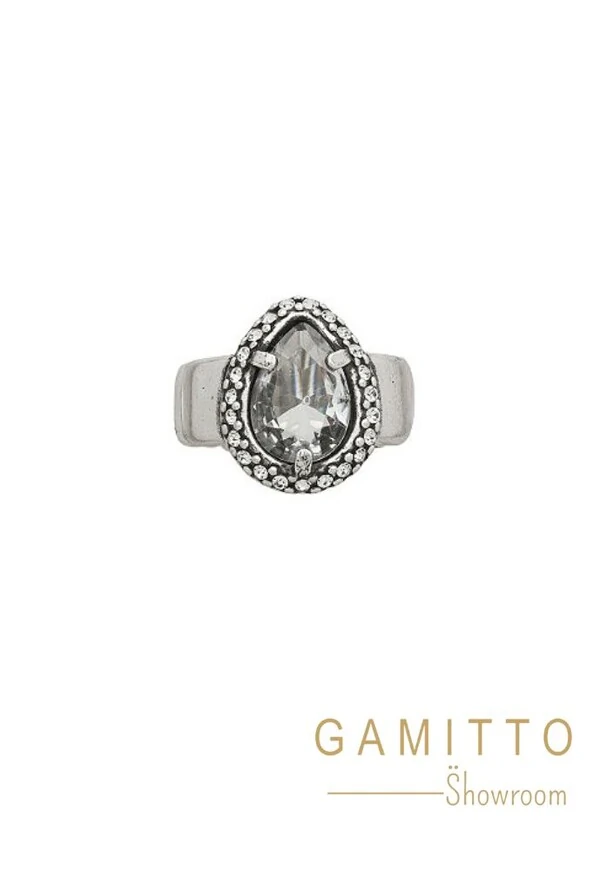 Anel Cristais em Banho Prata Vintage