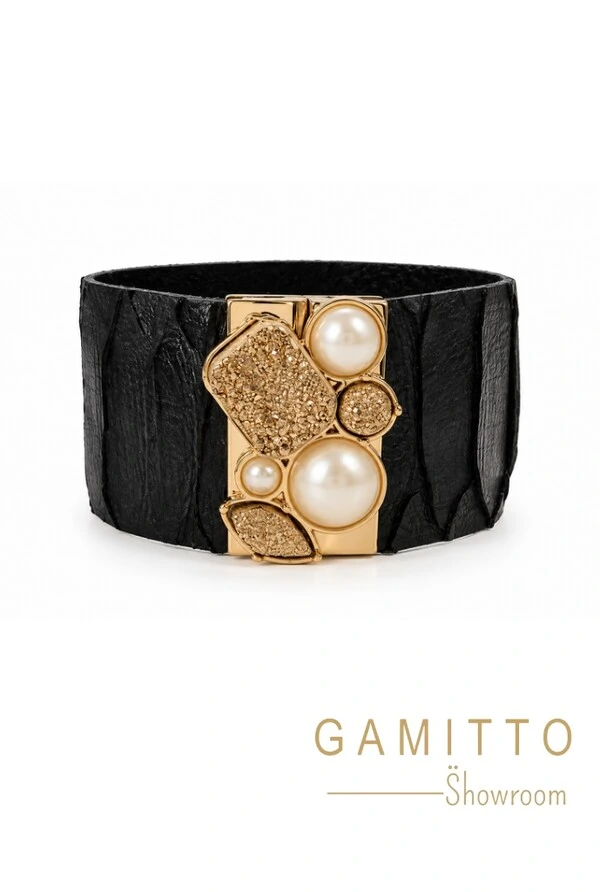 Bracelete Drusa e Couro em Banho Ouro
