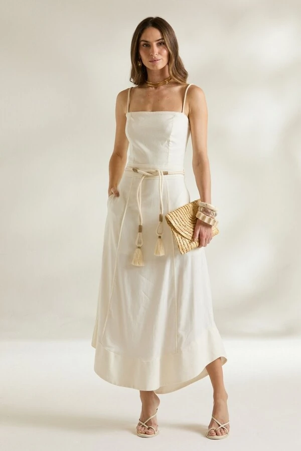 Vestido Linho Cinto Corda