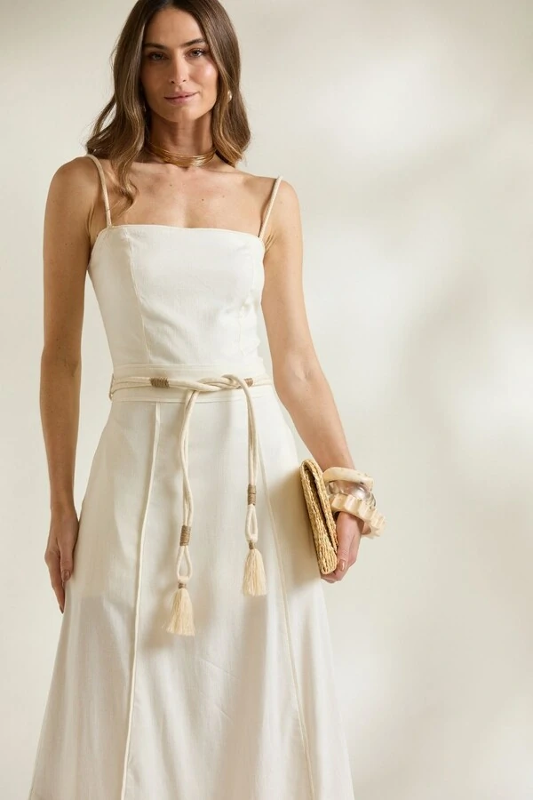 Vestido Linho Cinto Corda