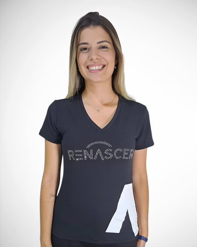 Foto Baby Look Renascer Oficial Preta com Pedras