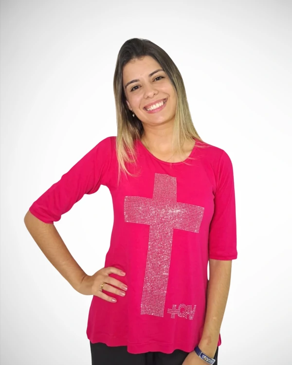 Blusa +QV Cruz Pink com Cristais Brancos - Manga 7/8