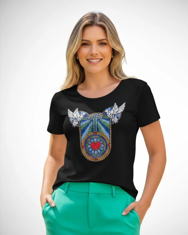 Blusa Espirito Santo Vitral Com Pedrarias Bordada À Mão
