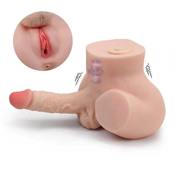 Masturbador Hermafrodita Meio Corpo com Vagina, Ânus e Pênis com Vibração