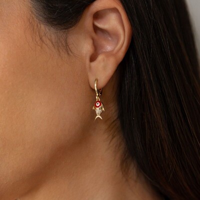 FotoBrinco Argola Amuleto Peixe Red Coral & Olho Grego