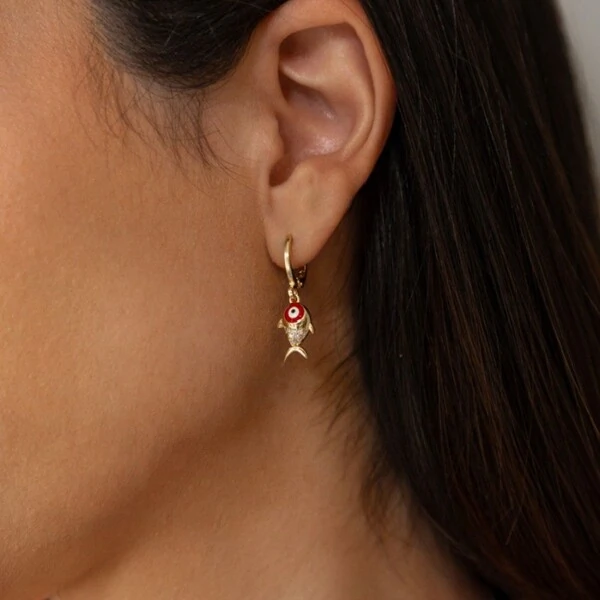 Brinco Argola Amuleto Peixe Red Coral & Olho Grego