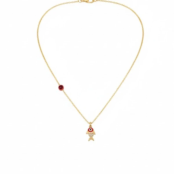Colar Amuleto Peixe Red Coral & Olho Grego