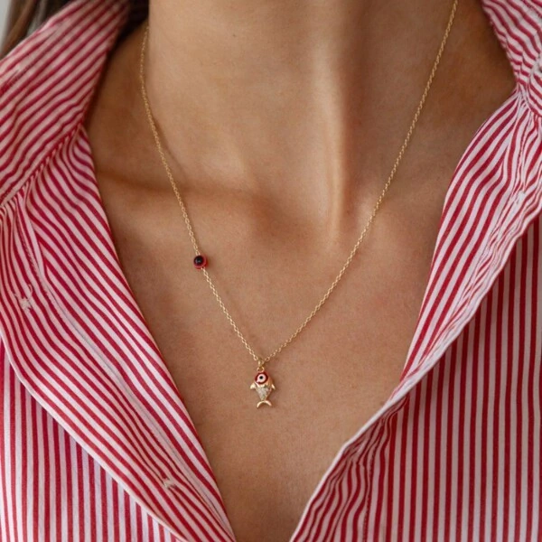 Colar Amuleto Peixe Red Coral & Olho Grego