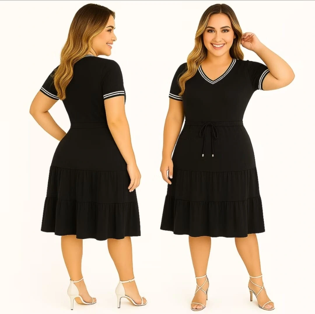 FotoVestido Midi Feminino Tecido Viscolycra Detalhe Listrado e Cordão para Regular, Moda Verão Primavera