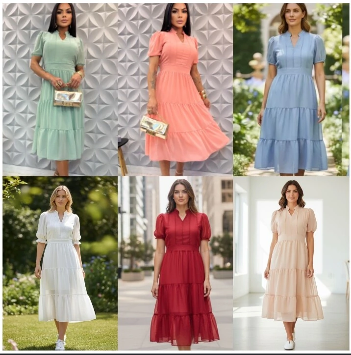 FotoVestido Evangelico Midi Tecido Chiffon Elastex na Costa Moda Casual Verão 2026