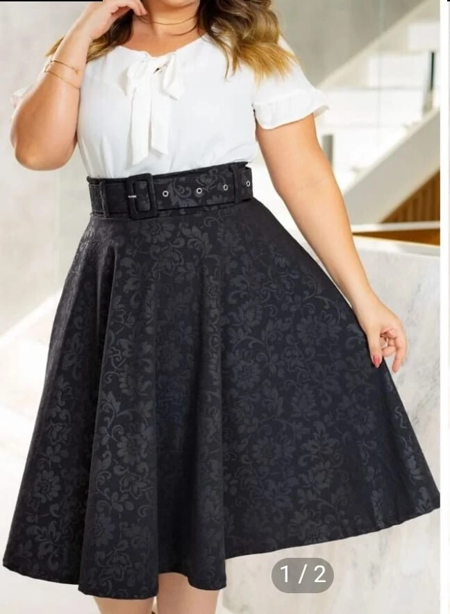 FotoSaia Midi Feminina Jakuar 3D com Cinto Ajustável Tecido Encorpado Elegante Moda Casual