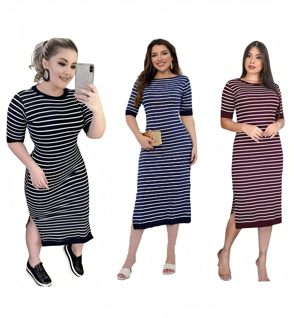 FotoVestido Listrado Estilosa Confortável Com Detalhe Lisa Na Manga e Na Barra EMVIO INMEDIATO