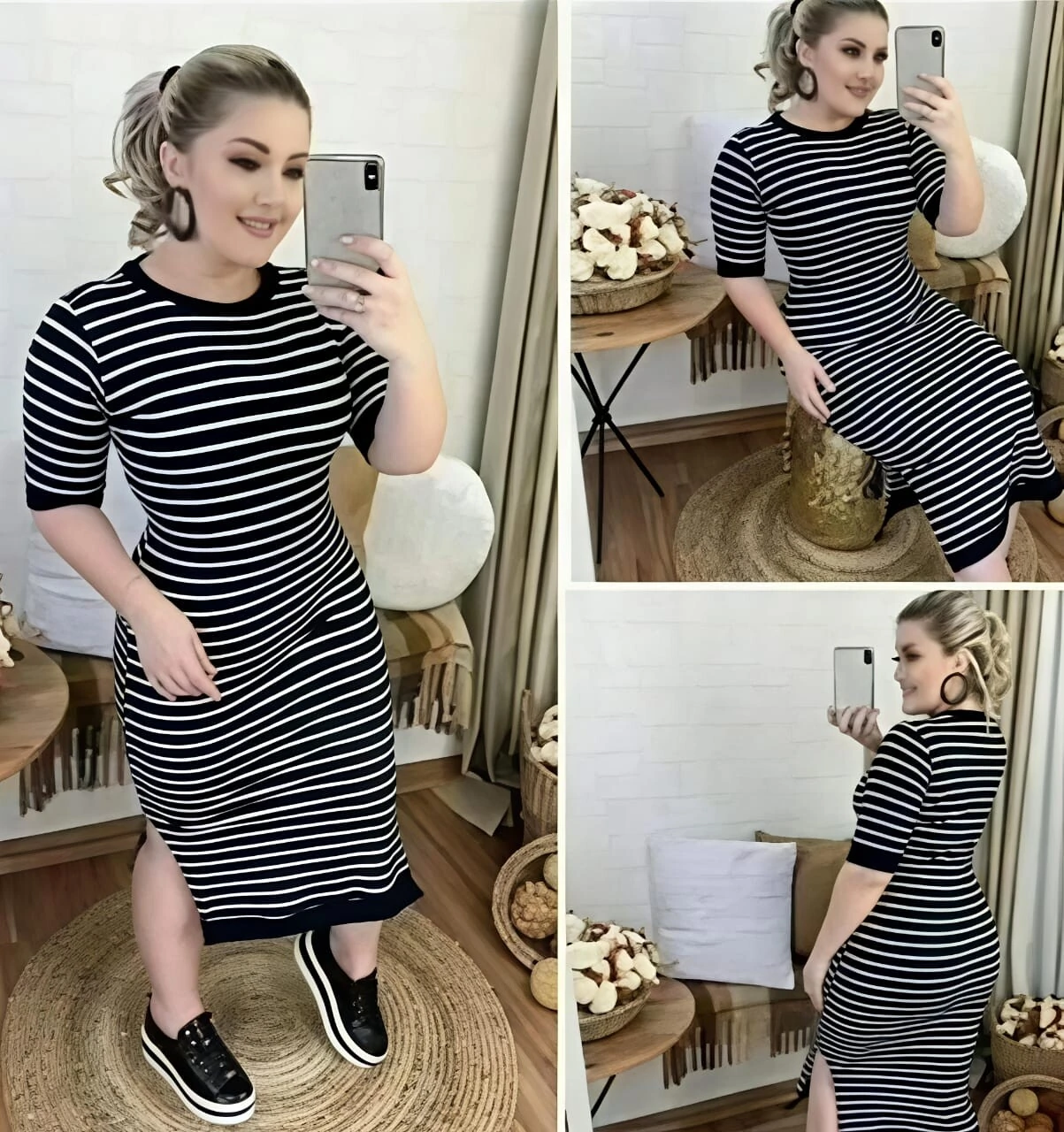 FotoVestido Listrado Estilosa Confortável Com Detalhe Lisa Na Manga e Na Barra EMVIO INMEDIATO