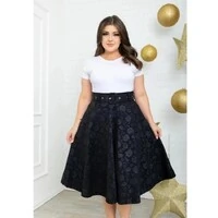 Saia Midi Feminina Jakuar 3D com Cinto Ajustável Tecido Encorpado Elegante Moda Casual