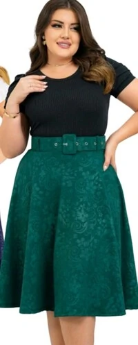 Saia Midi Feminina Jakuar 3D com Cinto Ajustável Tecido Encorpado Elegante Moda Casual