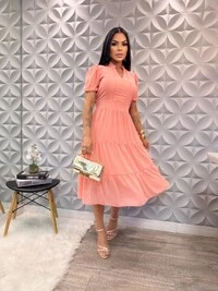 Vestido Evangelico Midi Tecido Chiffon Elastex na Costa Moda Casual Verão 2026