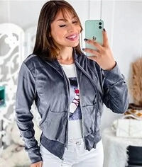 Jaqueta Bomber Tecido Plush Veludo Estilosa Manga Comprida Ziper Frontal Confortavel