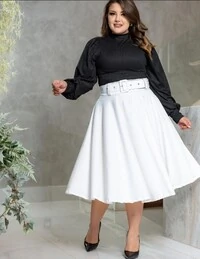 Saia Midi Feminina Jakuar 3D com Cinto Ajustável Tecido Encorpado Elegante Moda Casual