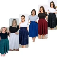 Saia Midi Feminina Jakuar 3D com Cinto Ajustável Tecido Encorpado Elegante Moda Casual