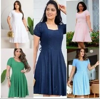 Vestido Evangélica Com Detalhe Na Gola Saia Rodado Forrado Tendência Tecido Lesser EMVIO IMEDIATO