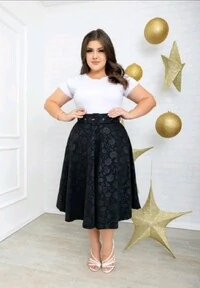 Saia Midi Feminina Jakuar 3D com Cinto Ajustável Tecido Encorpado Elegante Moda Casual