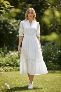 Vestido Evangelico Midi Tecido Chiffon Elastex na Costa Moda Casual Verão 2026