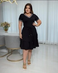 Vestido Midi Feminino Tecido Viscolycra Detalhe Listrado e Cordão para Regular, Moda Verão Primavera