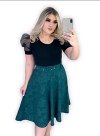 Saia Midi Feminina Jakuar 3D com Cinto Ajustável Tecido Encorpado Elegante Moda Casual