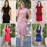 Vestido En Tecido Creppe Con Detalhe Renda Acompanha Cinto Envio IMEDIATO