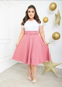 Saia Midi Feminina Jakuar 3D com Cinto Ajustável Tecido Encorpado Elegante Moda Casual