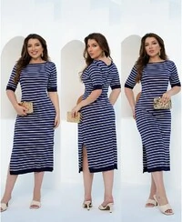 Vestido Listrado Estilosa Confortável Com Detalhe Lisa Na Manga e Na Barra EMVIO INMEDIATO