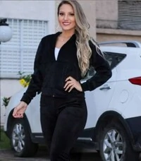 Conjunto Feminino Casaco e Calça Confortavel De Plush Veludo Capuz e Zíper Casual