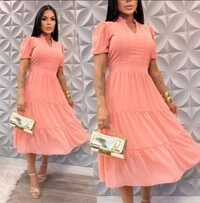 Vestido Evangelico Midi Tecido Chiffon Elastex na Costa Moda Casual Verão 2026