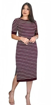 Vestido Listrado Estilosa Confortável Com Detalhe Lisa Na Manga e Na Barra EMVIO INMEDIATO