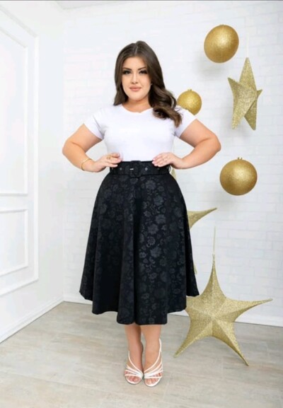 Foto Saia Midi Feminina Jakuar 3D com Cinto Ajustável Tecido Encorpado Elegante Moda Casual