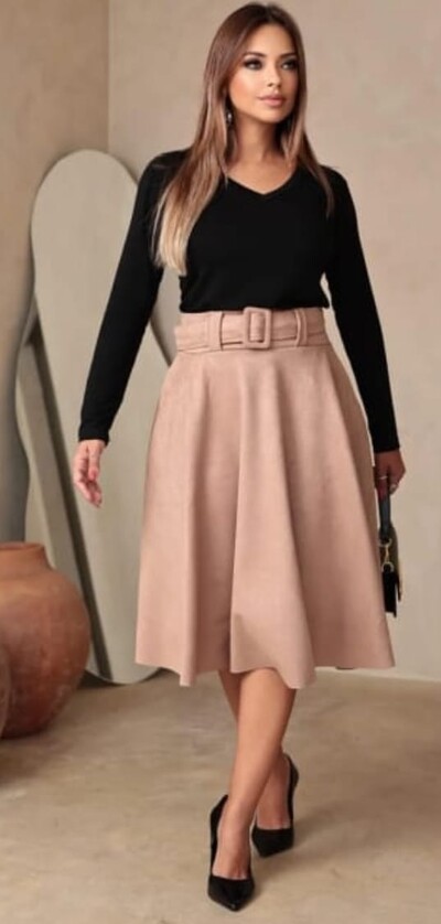 FotoSaia Midi Feminina Jakuar 3D com Cinto Ajustável Tecido Encorpado Elegante Moda Casual