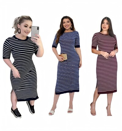 Foto vestido en Tecido Viscolycra Listrado Estilosa Com Detalhes Na Manga Tendencia 2026