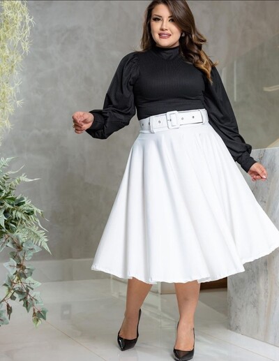 Foto Saia Midi Feminina Jakuar 3D com Cinto Ajustável Tecido Encorpado Elegante Moda Casual