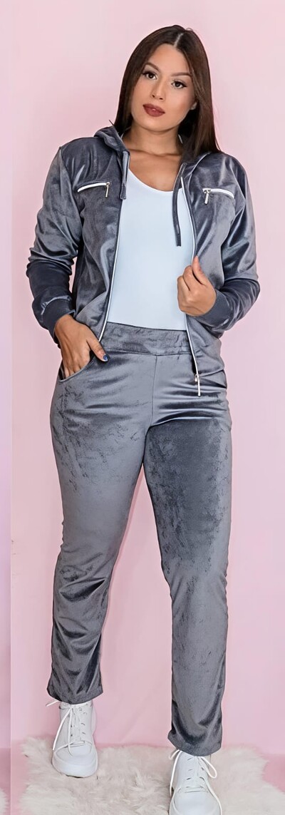 Foto Conjunto Blusa e Calça Pantalona Tecido Veludo Com Detalhe Com Bolso Zíper funcional ENVIO IMEDIATO