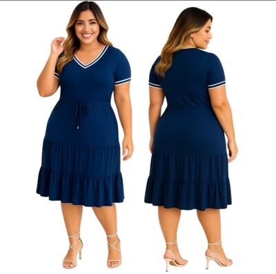 Foto Vestido Midi Feminino Tecido Viscolycra Detalhe Listrado e Cordão para Regular, Moda Verão Primavera