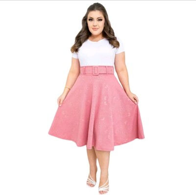 Foto Saia Midi Feminina Jakuar 3D com Cinto Ajustável Tecido Encorpado Elegante Moda Casual