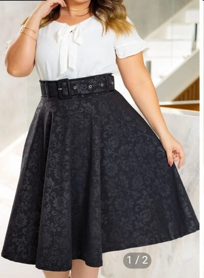 FotoSaia Midi Feminina Jakuar 3D com Cinto Ajustável Tecido Encorpado Elegante Moda Casual