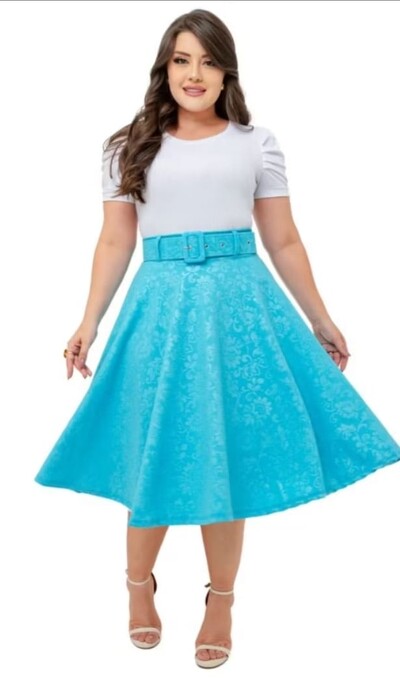 Foto Saia Midi Feminina Jakuar 3D com Cinto Ajustável Tecido Encorpado Elegante Moda Casual