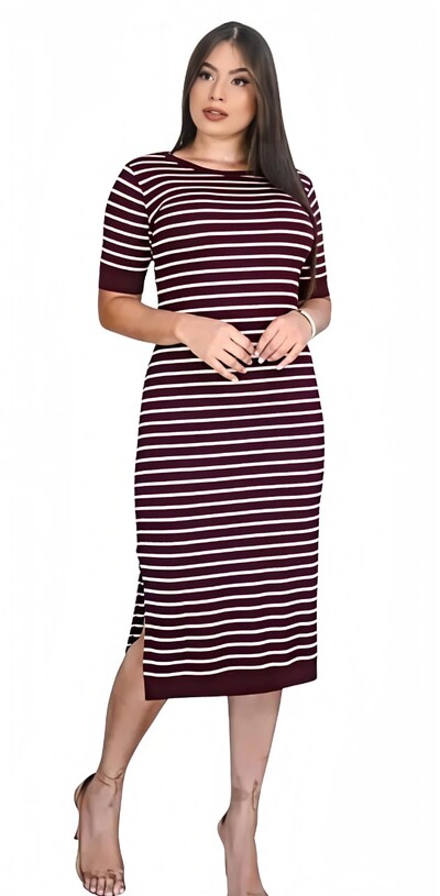 Fotovestido en Tecido Viscolycra Listrado Estilosa Com Detalhes Na Manga Tendencia 2026