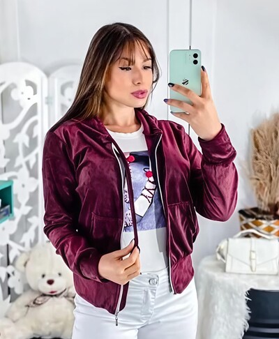 FotoJaqueta Bomber Tecido Plush Veludo Estilosa Manga Comprida Ziper Frontal Confortavel