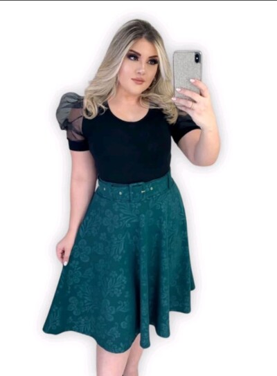 FotoSaia Midi Feminina Jakuar 3D com Cinto Ajustável Tecido Encorpado Elegante Moda Casual