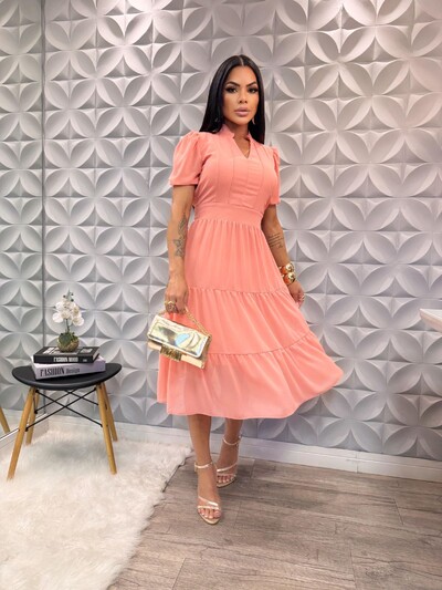 FotoVestido Evangelico Midi Tecido Chiffon Elastex na Costa Moda Casual Verão 2026