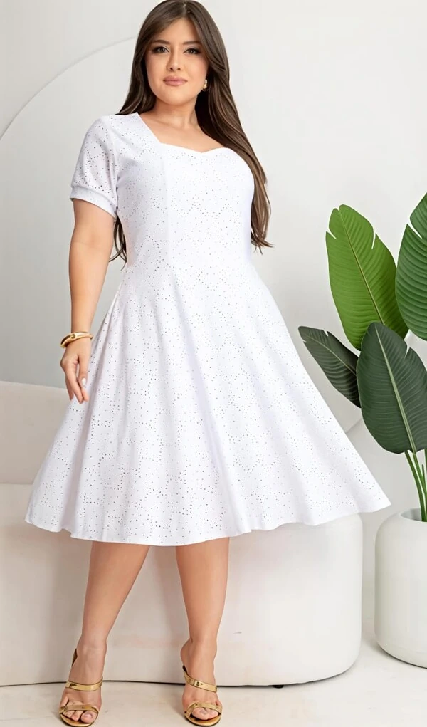 Vestido Evangélica Com Detalhe Na Gola Saia Rodado Forrado Tendência Tecido Lesser EMVIO IMEDIATO