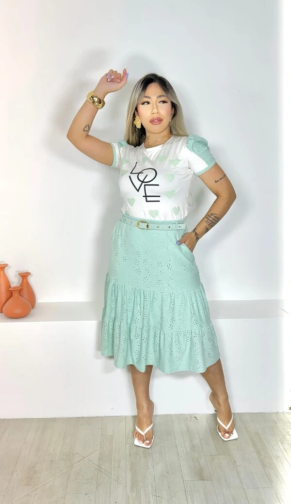 Conjunto Evangelico Feminino Blusa Viscolycra e Saia com Cinto Combinados Lindo Conjunto